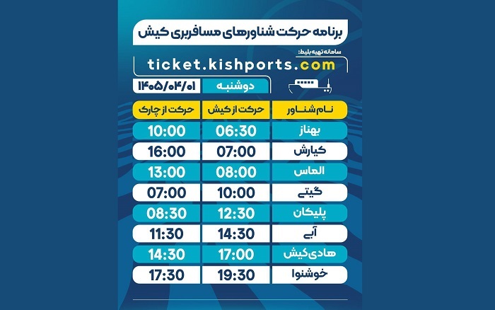 برنامه حرکت شناور‌های مسافربری و حمل خودرو کیش، دوشنبه اول تیر