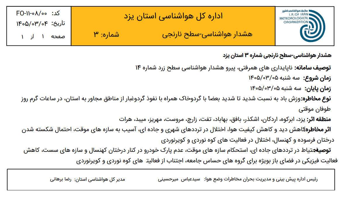 هشدار سطح نارنجی در استان یزد هشدار سطح نارنجی در استان یزد